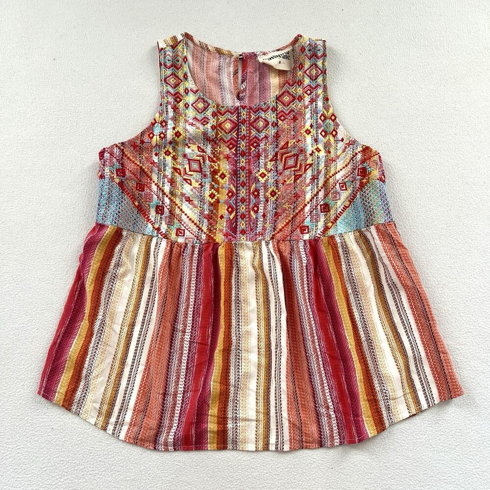 Savanna Jane Pink Red Yellow Stripe Embroidered Boho Rayon Sleeveless Shirt M